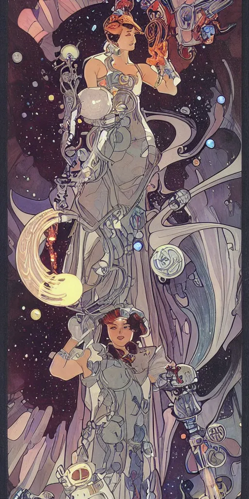 Prompt: a woman wearing outer space as a dress, pouring water from a vase into the milky way, by joe madura, by travis charest, by alphonse mucha, battle chasers.