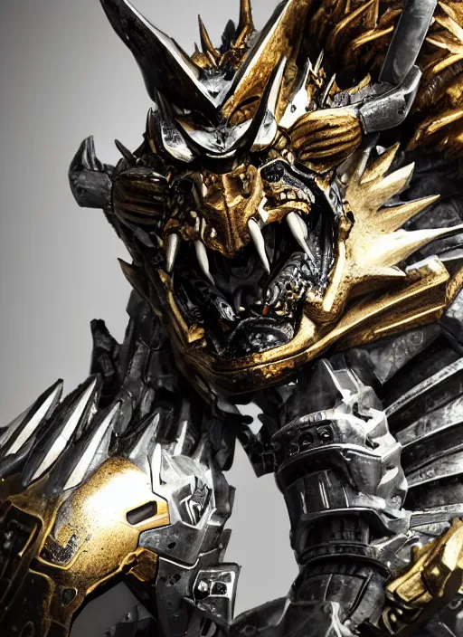 Image similar to hyper realistic glorious ancient wargreymon in a obsidian metal armor, futuristic design, designed by makoto kobayashi and luca zampriolo, portrait, cyberpunk style, wood and gold details, intricate, extremely detailed, ornate, deep of field, hard surface, exoskeleton, substance designer metal unreal engine, symmetrically, very detailed.