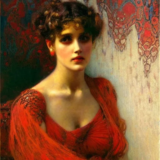 Image similar to beautiful portrait of a soulful elegenat woman against strong crimson background, oil painting, gaston bussiere, mucha, gerome,