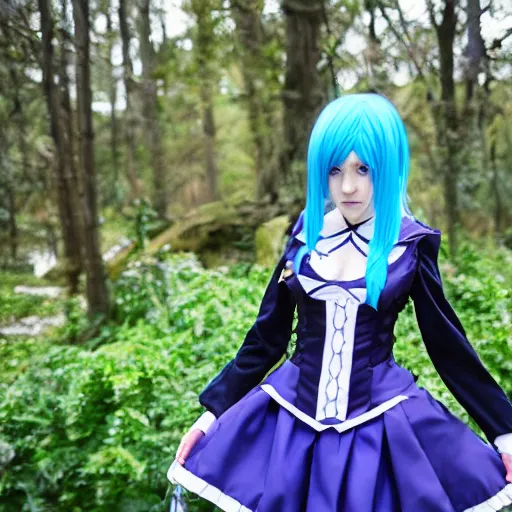 Prompt: photograph of girl wearing cosplay of rem from re : zero − starting life in another world