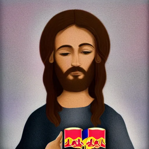 Prompt: jesus holding a can of Redbull