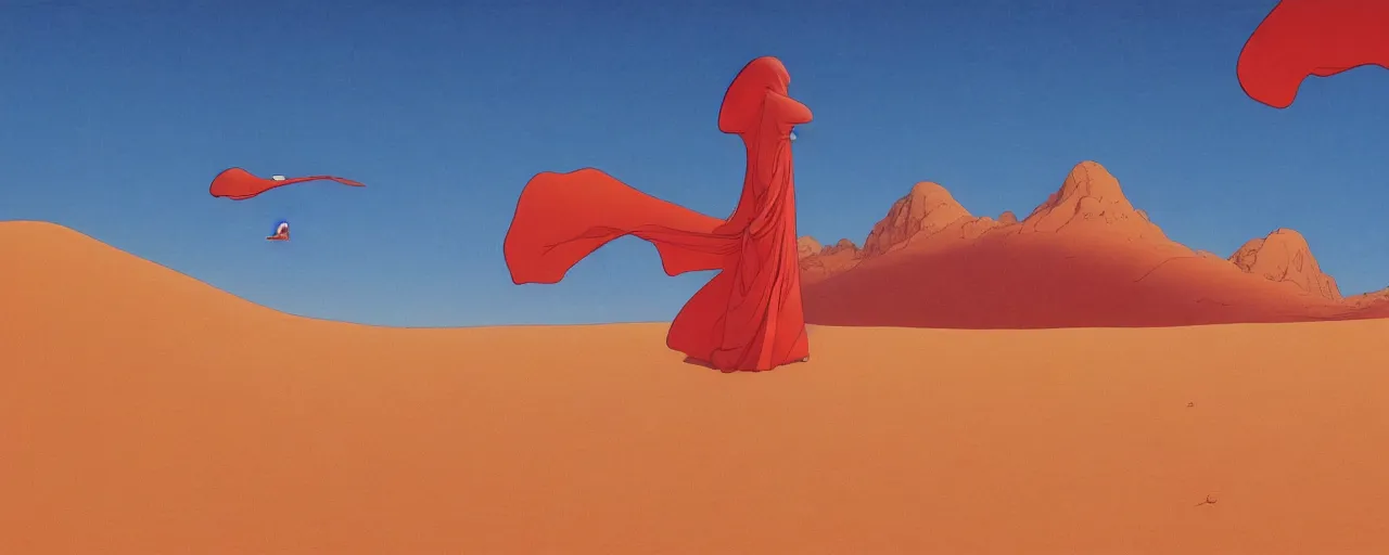Prompt: A colorful vibrant wide shot of a woman wearing and endless ribboning cape floating above the desert, by kawase hasui, moebius, Edward Hopper and James Gilleard, Zdzislaw Beksinski, Steven Outram colorful flat surreal design, hd, 8k, artstation