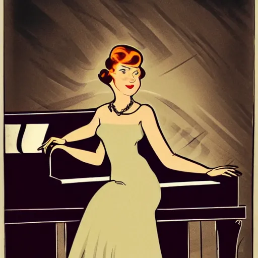 Image similar to vintage beautiful woman with an halo, wearing an black dress and sitting in an piano, 3 0 s cartoon