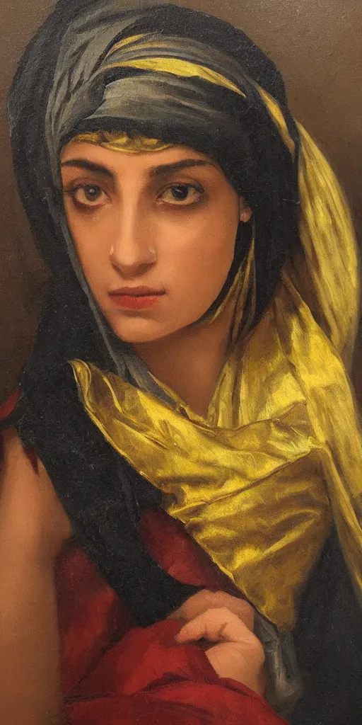 Image similar to romantic period style atmospheric oil painting of a middle eastern woman with intense eyes, wearing a golden veil