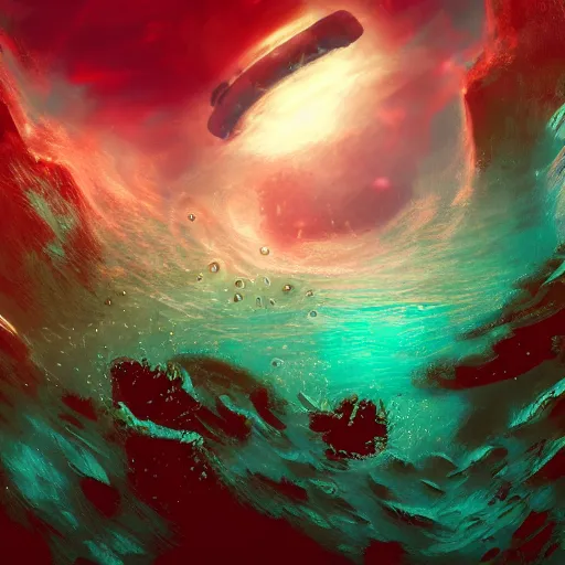 Image similar to underwater view of a strange alien world, some washed out red and green plant life, giant leviathan swimming far in the background, deep blue sea color, artstation