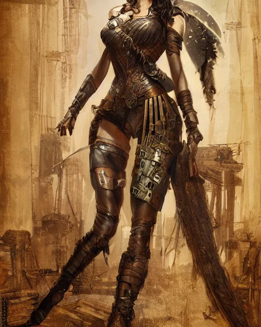 Image similar to highly detailed steampunk gal gadot standing, steel age : leonardo da vinci, greg rutkowski, magali villeneuve