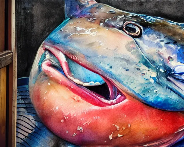 Prompt: an innocent and beautiful scene in hyper realistic style, watercolor and pen oily drawing on wood, of a fat old woman painting a huge colorful fish on the wall, lighting from the barred window. shadows. 4 k. wide angle. wild mood. red mouth, blue eyes. deep focus, lovely scene. ambient occlusion render. unreal engine.