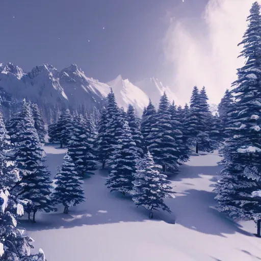 Image similar to heavy snowfall mountain setting, highly detailed, photorealistic shot, bright studio setting, studio lighting, crisp quality and light reflections, unreal engine 5 quality render