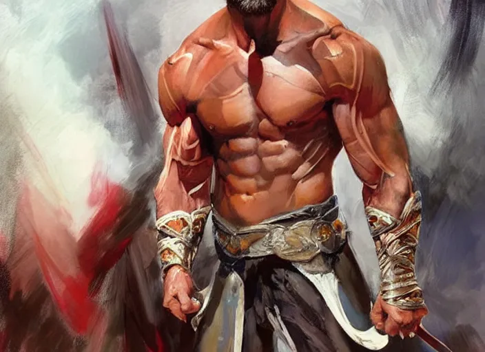 Image similar to a highly detailed beautiful portrait of hugh jackman as kratos, by gregory manchess, james gurney, james jean