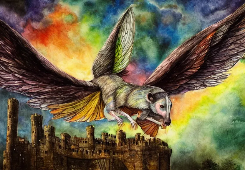 Image similar to legendary rainbow winged possum flying over a medieval castle at night under the dark starred sky, dark fantasy, watercolor, dreaming illusion, highly detailed, 4k, trending on Artstation