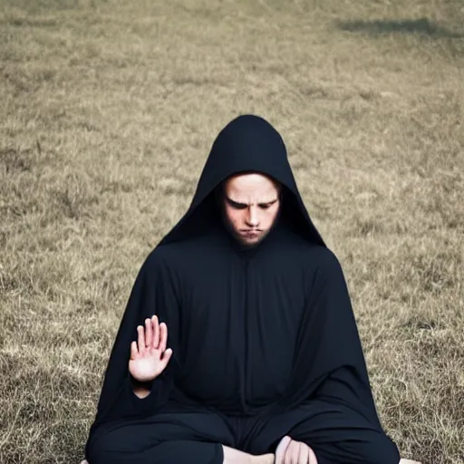 Prompt: a man wearing a black cloak, meditating, become one with the universe