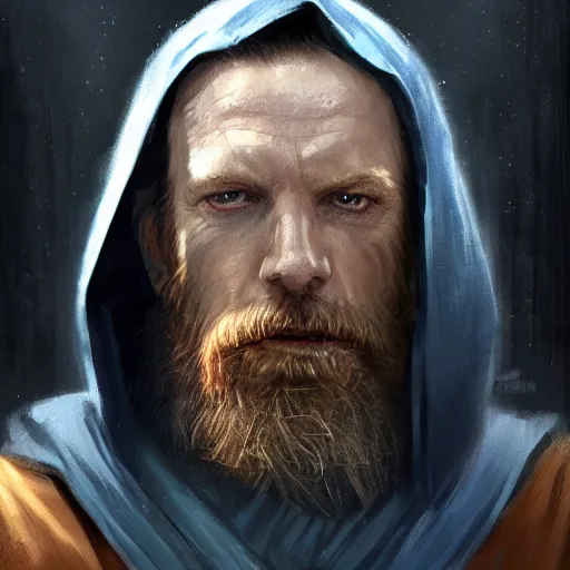 Image similar to portrait of a man by greg rutkowski, old jedi master, he looks like cameron monaghan, beard, wearing a blue jedi robes, star wars expanded universe, he is about 8 0 years old, highly detailed portrait, digital painting, artstation, concept art, smooth, sharp foccus ilustration, artstation hq