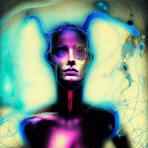 Prompt: a digital painting of a technomancer woman attached by love in a living room of a house. surrounded by synthesized ai djinn hologram, an ultrafine detailed painting by alberto seveso, a silk screen by julian schnabel, featured on deviantart, modern european ink painting, photoillustration, impressionism, biomorphic, behance hd, lovecraftian