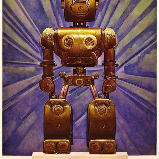 Image similar to sculpture of an ornate robot cat, by annie swynnerton and diego rivera and nicholas roerich and jean delville, symbolist, dramatic lighting, god rays, art brut, rich colors, smooth, sharp focus, extremely detailed, adolf wolfli, by janet fish and ( donato giancola and bilibin )