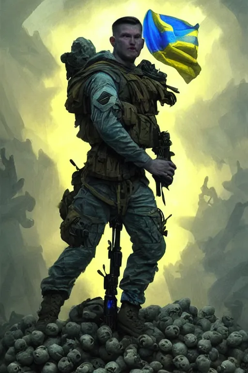 Image similar to special forces soldier with ukrainian blue yellow flag standing on a pile of skulls as a winner, masculine figure, d & d, fantasy, bright atmosphere, volumetric lights, intricate, elegant, extremely detailed, digital painting, artstation, concept art, matte, smooth, sharp focus, hyper realistic, illustration, art by artgerm and greg rutkowski and alphonse mucha