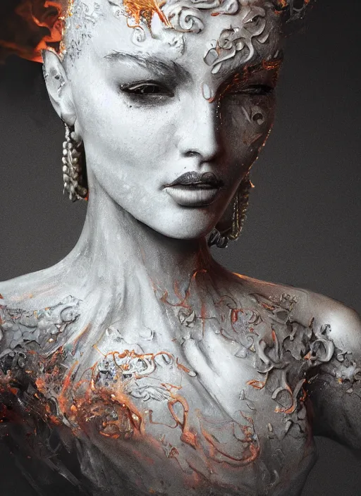 Image similar to sculpture made of flame, portrait, female, future, torch, fire, harper's bazaar, vogue, fashion magazine, intricate, concept art, close up, ornate, luxury, elite, elegant, trending on artstation, by ruan jia, by Kenneth Willardt, by ross tran, by WLOP, by Andrei Riabovitchev,