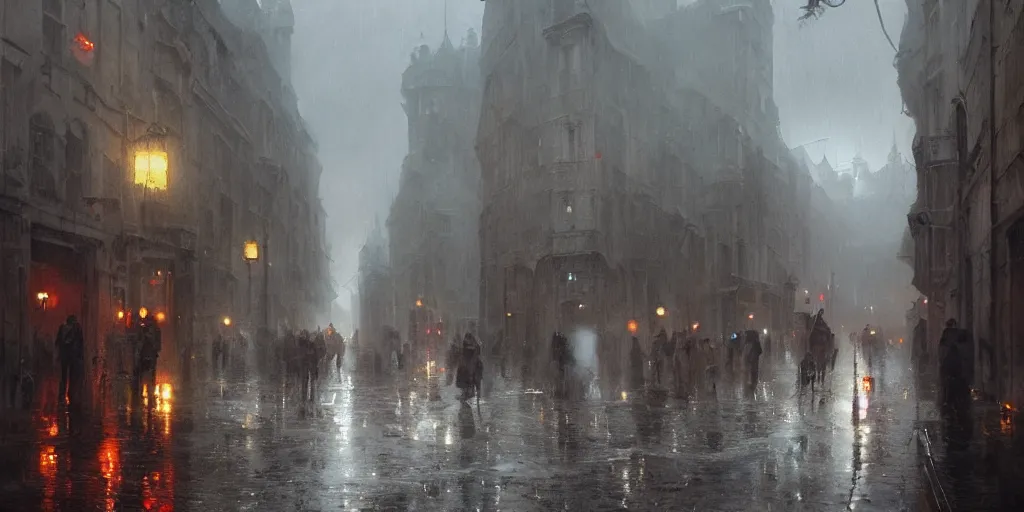 Image similar to an oil painting of a downpour in the middle of the street of a medieval city, moody lighting, fog, dark fantasy, by greg rutkowski, trending on artstation