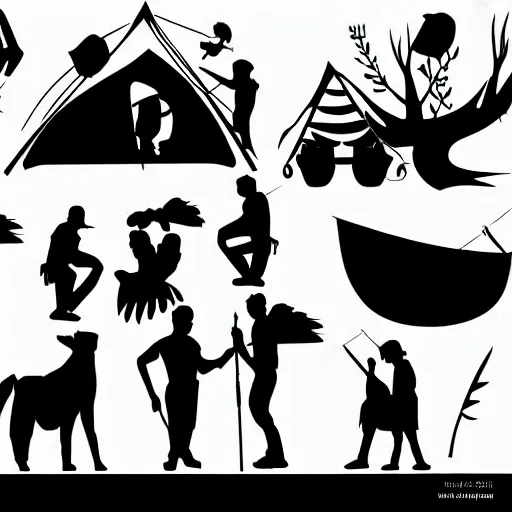 Image similar to vector of caravan night camping in the jungle, black silhouette, white background