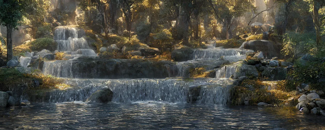 Image similar to of the throne of god and flowing from the throne is a river of the water of life as clear as crystal and in the middle of the river is a golden street and on either side of the river is a tree of life by daniel f. gerhartz and matt stewart, fantasy, photorealistic, octane render, unreal engine, dynamic lighting