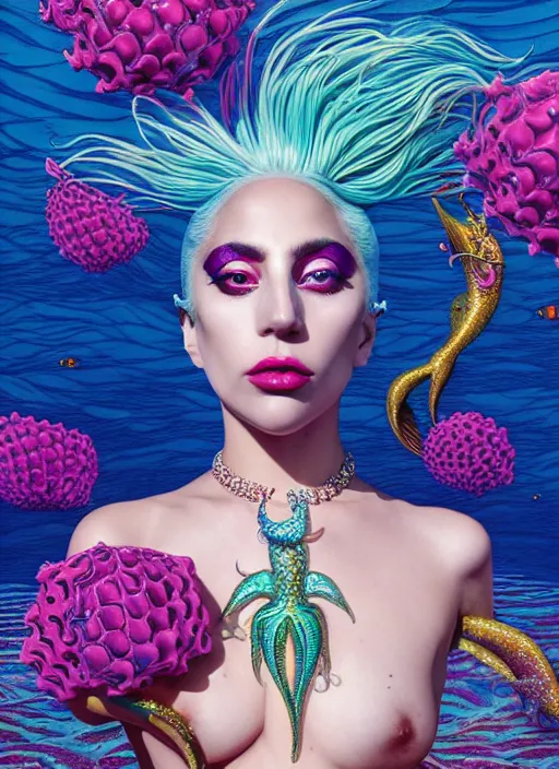 Prompt: lady gaga mermaid, deep ocean : : by martine johanna and simon stalenhag and chie yoshii and casey weldon and wlop : : ornate, dynamic, particulate, rich colors, intricate, elegant, highly detailed, vogue, harper's bazaar art, fashion magazine, smooth, sharp focus, 8 k, octane render,