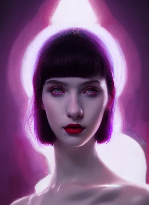 Image similar to portrait of pale teenage girl, red irises, black hair, white bangs, purple lipstick, intricate, elegant, glowing lights, highly detailed, digital painting, artstation, concept art, smooth, sharp focus, illustration, art by wlop, mars ravelo and greg rutkowski