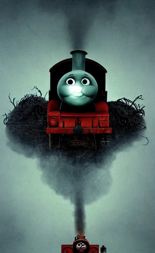 Image similar to thomas the tank engine in style of zdzisław beksinski, extremely dramatic lighting, 8 k, tendrils, black, darkness, black slime tendrils, infected, rust, body horror, thomas the train, thomas the tank engine face, horror,