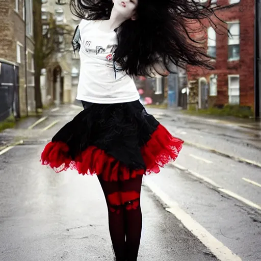Prompt: a pale emo girl, messy black / red hair, british street background, overcast weather, 2 0 0 6