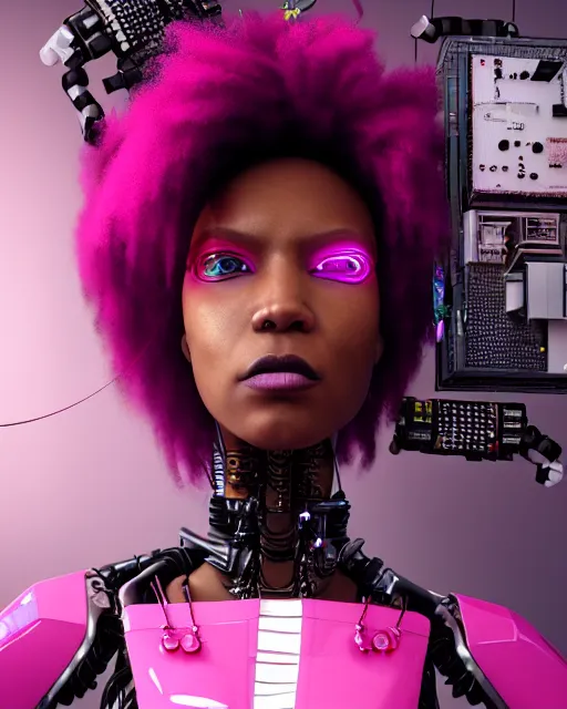 Image similar to portrait of a beautiful black woman with pink hair as a cyberpunk cyborg half robot, revealing wires and electronics, sci - fi, missing panels, intricate abstract upper body intricate artwork, concept art, octane render, deviantart, cinematic, key art, hyperrealism, iridescent accents, portrait photograph, nikon 3 5 mm, photograph by greg rutkowski