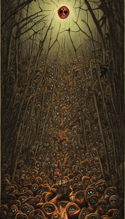 Image similar to a storm vortex made of many demonic eyes and teeth over a forest, by dan witz