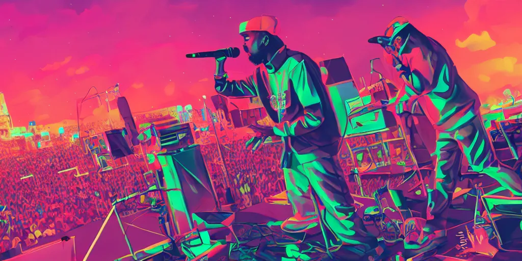 Image similar to rapper performing at huge festival holding microphone, epic angle, digital art, vapor wave, hip hop, trending on Artstation, professional artist, detailed, 4k