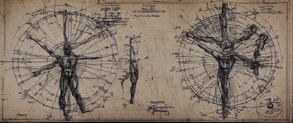 Image similar to an amazingly detailed leonardo davinci sketch of a creativity amplifier worn on the head of Vitruvian man. in the style of a patent diagram