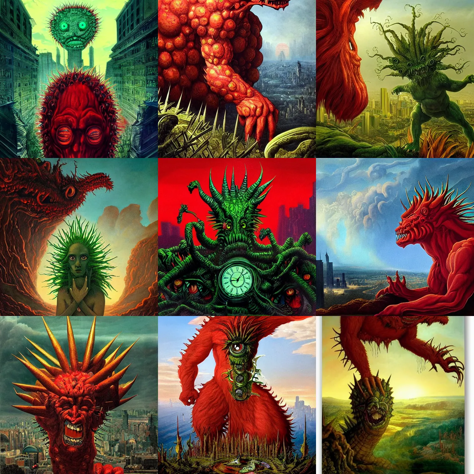 Prompt: A beautiful illustration of a large, red monster looming over a green cityscape. The monster has several eyes and mouths, and its body is covered in spikes. It seems to be coming towards the viewer, who is looking up at it in fear. clockpunk by Anne-Louis Girodet colorful