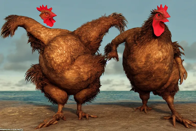 Image similar to photo, two hairy fat ugly old men fight huge chickens 4 0 1 2 7 on a beach, highly detailed, scary, intricate details, volumetric lighting, front view