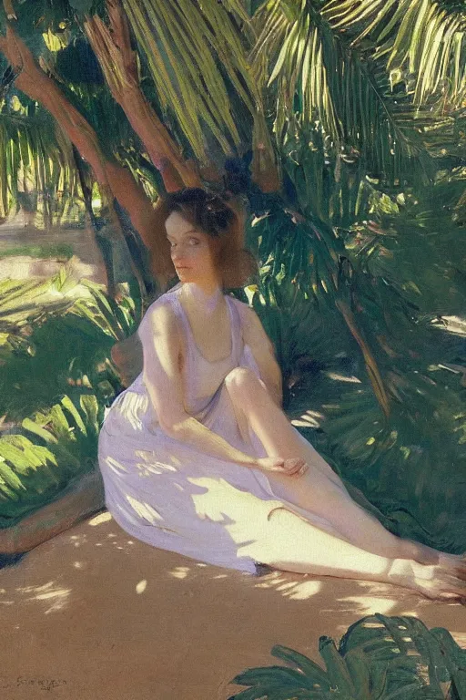 Image similar to girl with detailedly skirt lay down on a detailed persian carpet, tree palms in background, painting by john singer sargent