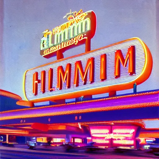 Prompt: the flamingo hotel and casino in las vegas, an art deco painting by Edward Ruscha, behance, berlin secession, glowing neon, glowing lights, vivid colors