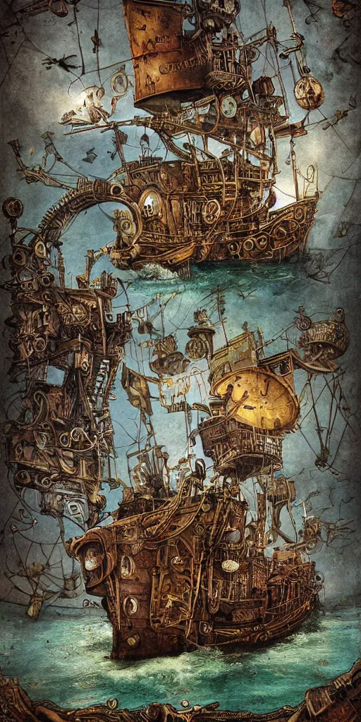 Image similar to a detailed digital painting of a steampunk pirate ship by alexander jansson and where's waldo and leonardo da vinci