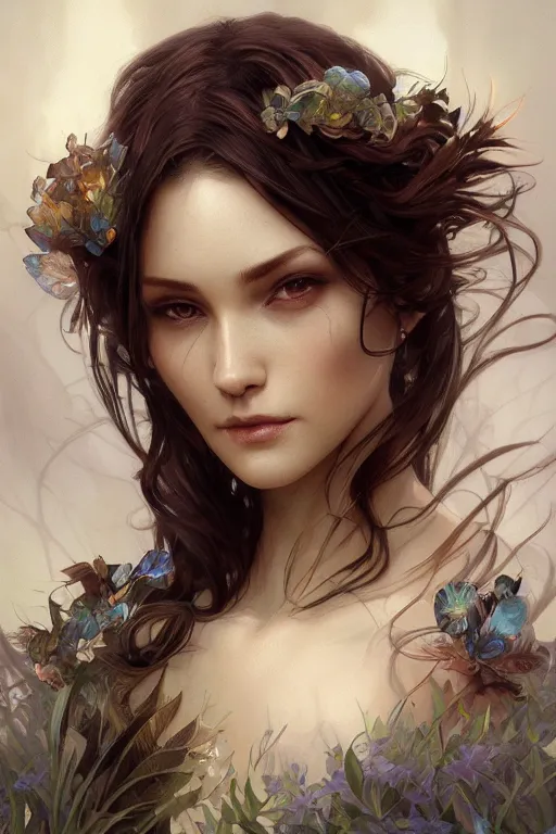 Image similar to up close portrait of a beautiful fae, d & d, face, fantasy, intricate, elegant, highly detailed, digital painting, artstation, concept art, smooth, sharp focus, illustration, art by artgerm and greg rutkowski and alphonse mucha