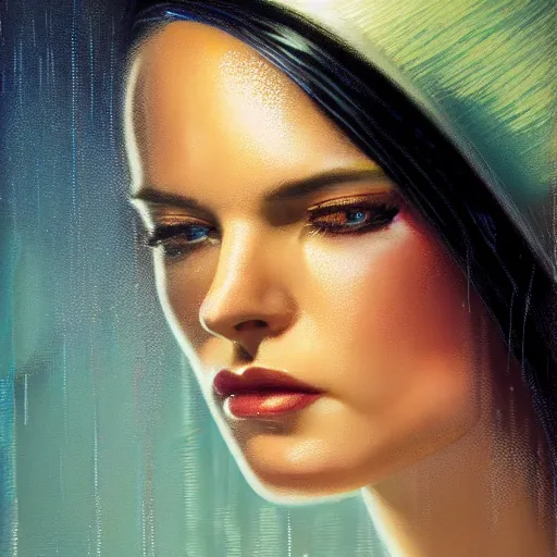 Image similar to detailed face of a woman, lush, opulent, enclosed, utopian, tech noir, wet reflections, prism, atmospheric, ambient, pj crook, syd mead, livia prima, artgerm, greg rutkowski, nick alm, casey baugh