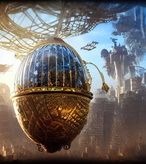 Image similar to enormous flying city in a faberge egg, sky, steampunk, fantasy art, masterpiece, unreal engine