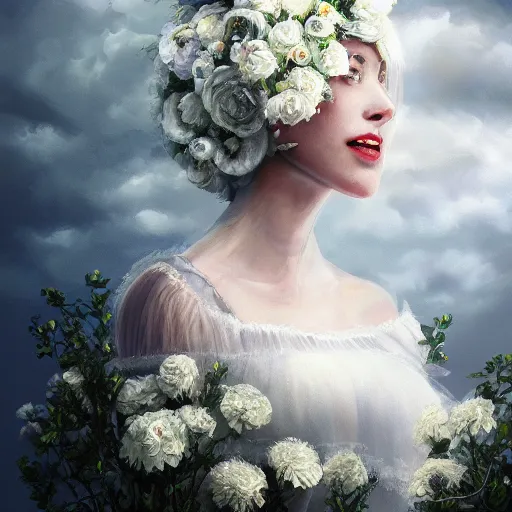 Image similar to painting of a a queen with a white large magnificent more and more vaporous ,wrapped ,hight decorated, detailed ,white and cream roses cotton dress shooting surrounded by a bouquet of abstract white flowers and clouds, dramatic light, artstation octane,surrealism 8k