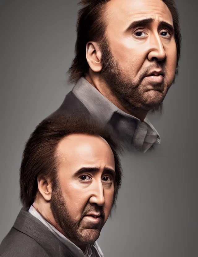 Image similar to professional portrait of nicolas cage neutral expression face straight on headshot even lighting