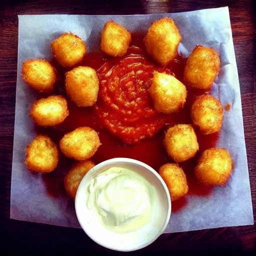 Image similar to food photo of channing tatum's face as giant tater tot on a plate with ketchup