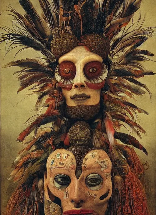 Prompt: a (((surreal))) painting of a shaman's face, by Giuseppe Arcimboldo, symbolist, soft colors, dramatic lighting, smooth, sharp focus, extremely detailed, made of feathers, aesthetically pleasing composition