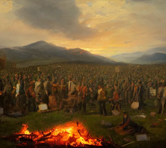 Image similar to landscape portrait of a an immense funeral pyre, with tyler childers throwing dollar bills onto it, by william sidney mount, trending on artstation