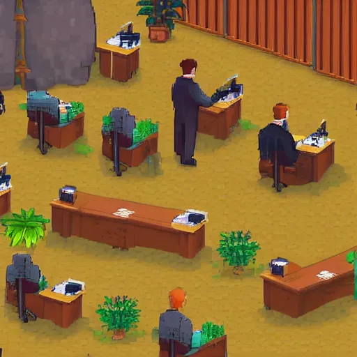 Image similar to “office workers sitting in their desks wearing suits in the style of stardew valley”