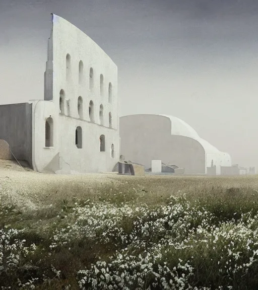 Prompt: andrei tarkovsky scene, a matte painting of a white stepped architecture in the mining tailings in the desert, biroremediation, prairie, cottage town, foggy, patchy flowers, oil painting, pale colors, high detail, 8 k, wide angle, trending on artstation, behance