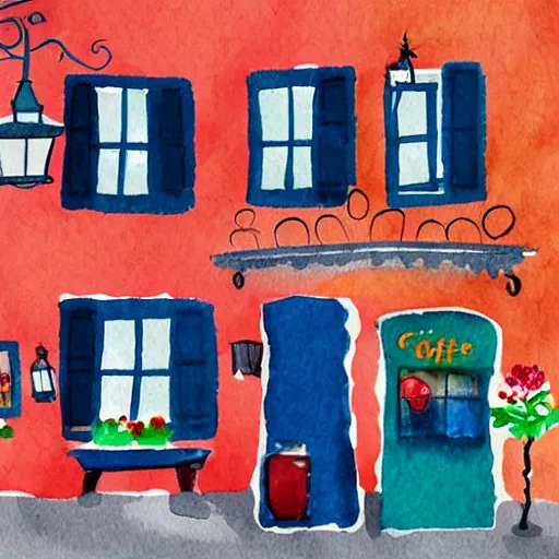 Image similar to beautiful cute cozy very little cafe on a cobblestone street, cute cartoon, watercolor, 4 colors