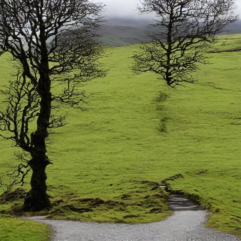 Prompt: A lonesome Ash tree, watching over the path to Kentmere Hall.