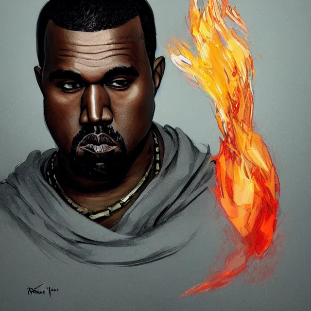 Image similar to Kanye West as a firebender, portrait, elegant, intricate, digital painting, artstation, concept art, smooth, sharp focus, illustration, art by konstantin korovin and Daniel F. Gerhartz and john howe