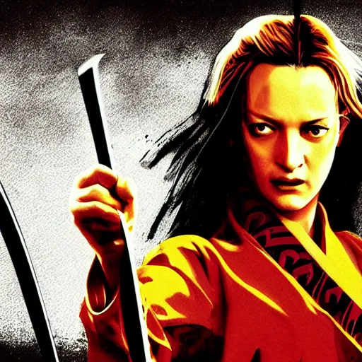 Image similar to kill bill movie poster with uma thurman swinging katana by tarantino, wlop and artgem, beautiful portrait, enhanced eye detail, exquisite hair and body